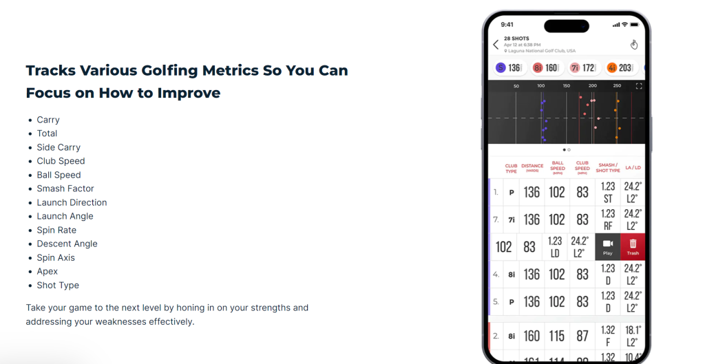 metrics on phone app for MLM2PRO Golf Launch Monitor